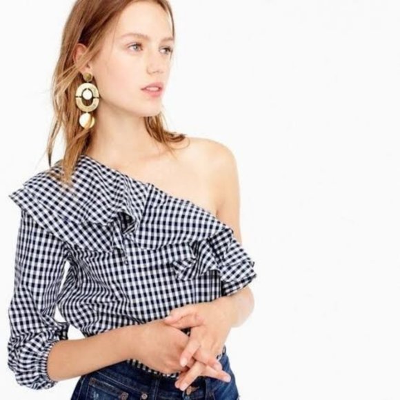 J. Crew Tops - J. Crew Gingham one-shoulder Ruffle Top